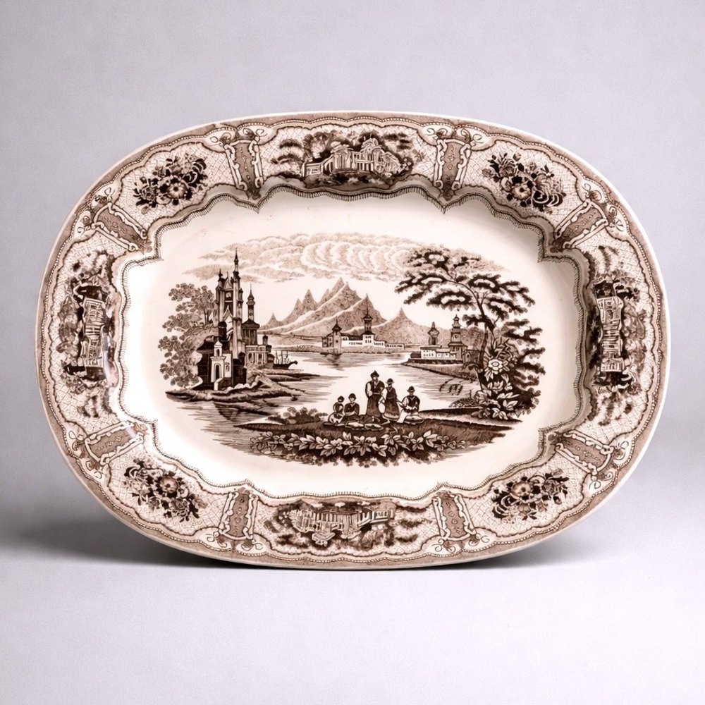 Two's Company Serving Tray Platter Brown Countryside Scenic Transferware 16x13in